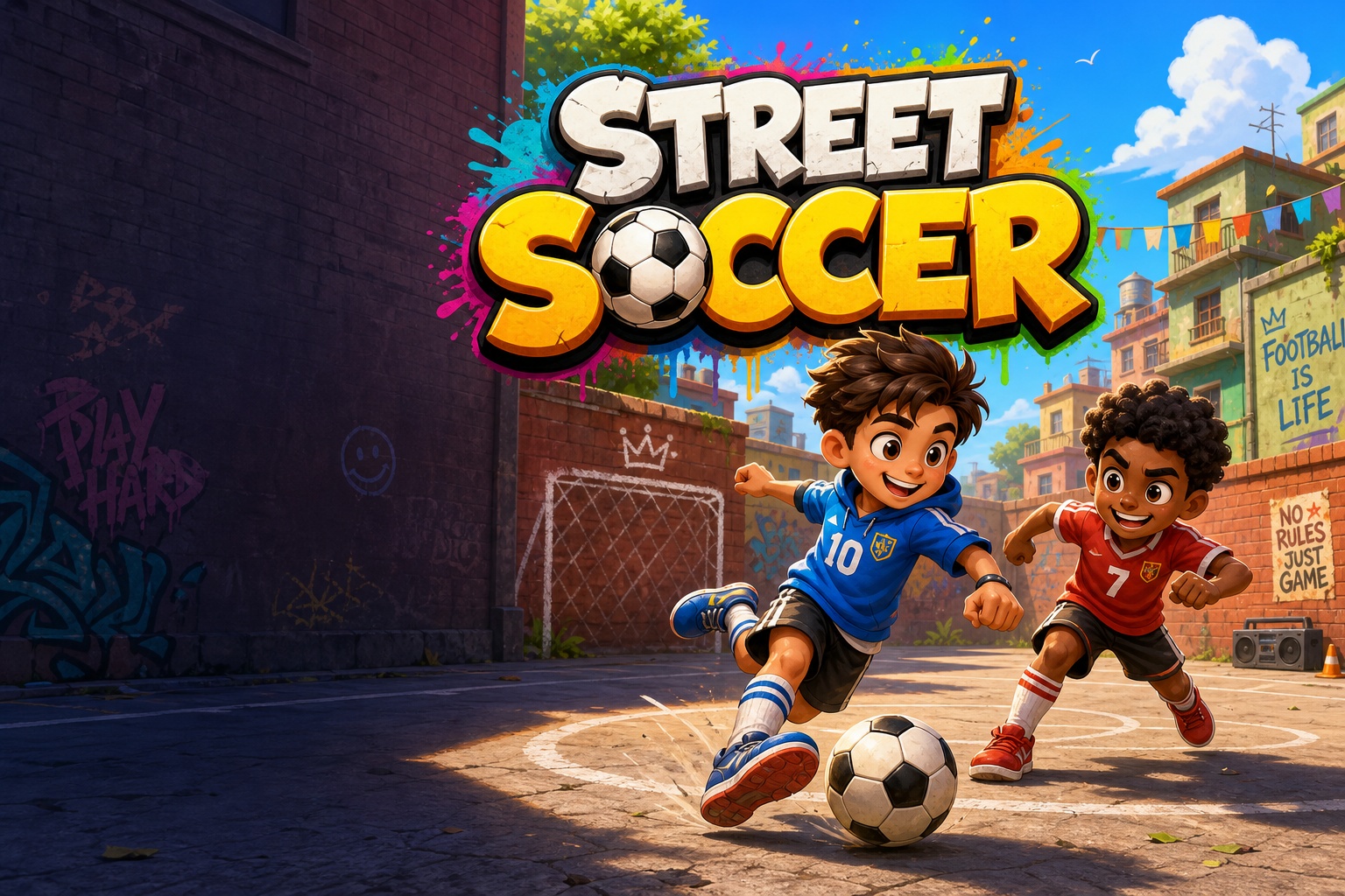 Street Soccer game art — two kids battling for the ball on a graffiti-covered street court